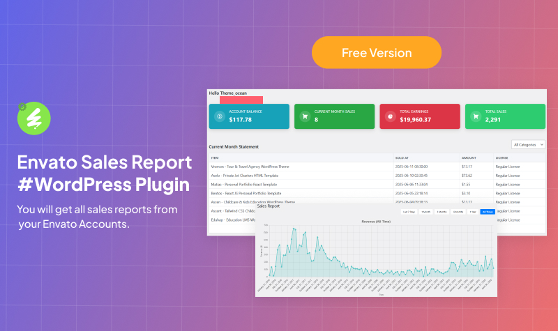 Envato Sales Report WordPress Plugin Free - 